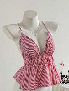 Top halter sin espalda casual a rayas, verano - Rojo - Ver 5