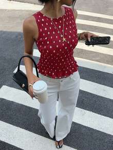 Blusa de lunares elegante y lujosa, blusa de verano azul elegante con fruncidos para mujeres, conjunto sexy con volantes y dobladillo fruncido, top corto sin mangas para vacaciones y playa, camisa de lunares con textura de moda - Burdeos - Ver 3