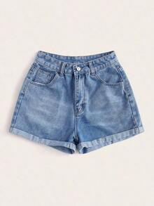 Shorts vaqueros de tiro alto enrollados para verano - Azul - Ver 3