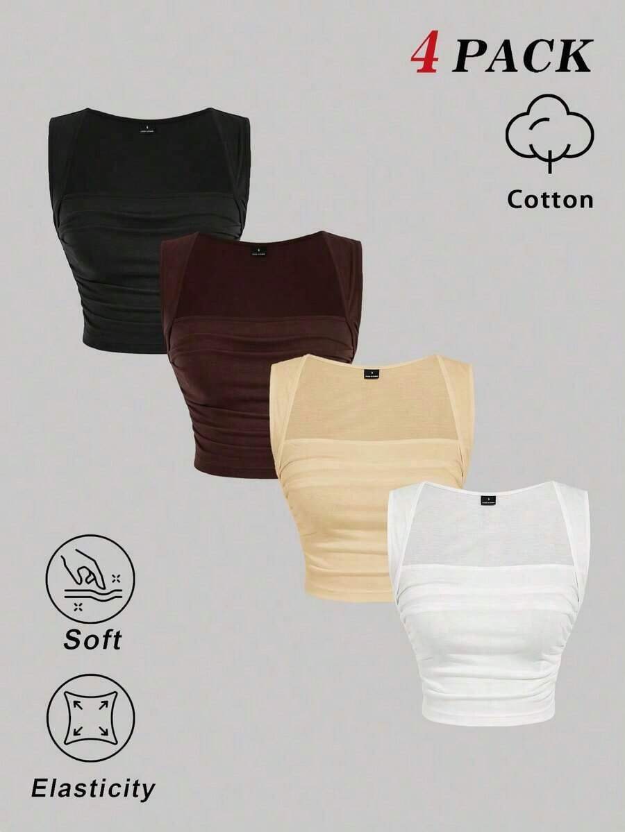 Conjunto de 4 piezas de top de tirantes ajustado y fruncido de cuello cuadrado de varios colores para mujer.Top corto sin mangas en negro, burdeos, marrón y blanco.Elegante y romántico para vacaciones, fiestas, ceremonias, playa, salidas casua - Multicolor 5 - Ver 1