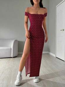 Vestido largo con abertura lateral y estampado completo, hombros descubiertos para mujeres - Rojo - Ver 3