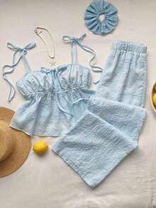 Conjunto de 2 piezas de camiseta de tirantes y pantalones con estampado de lunares, estilo casual de primavera para mujer. Conjunto de 2 piezas de lunares lindo para verano. Conjunto de 2 piezas de lunares para Halloween. - Azul 2 - Ver 4