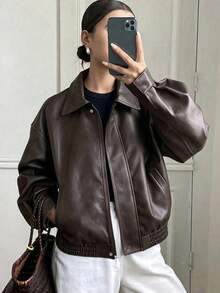 Chaqueta de cuero regular de mujer de PU grueso, casual y holgada, nueva para otoño/invierno - Marrón 2 - Ver 7