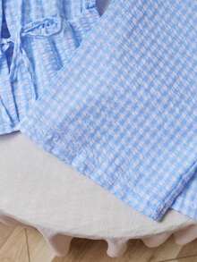 Nuevo conjunto de verano europeo y americano de dos piezas, pantalones rectos de pierna recta con cordones lisos y a rayas en rosa, estilo versátil de calle para mujeres - Azul 2 - Ver 5