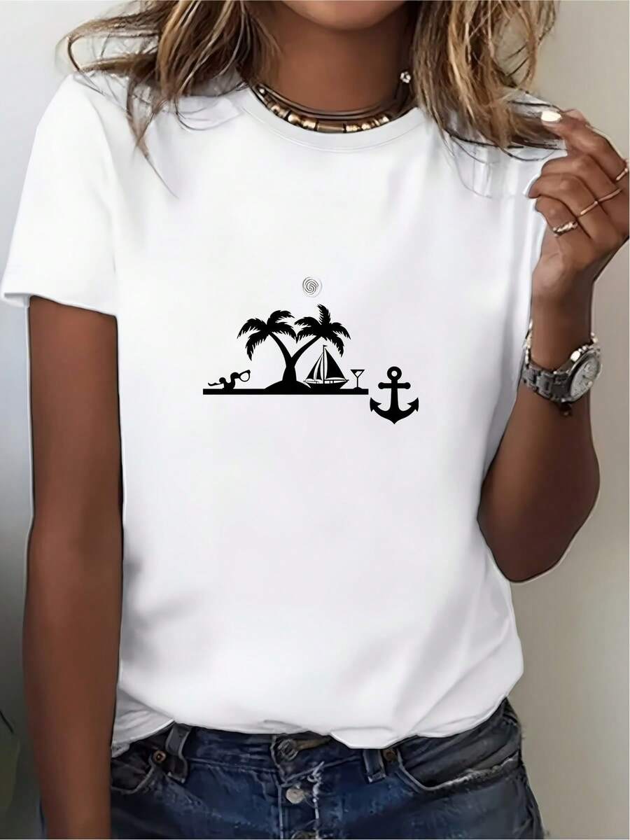 Camiseta Gráfica Cómoda de 180g para Mujer, Diseño Palmeras y Parque Tropical Bajo el Radar, Ideal para Vacaciones de Verano en la Playa, Regalos de Team Building y Viajes Familiares - Camiseta Unisex de Algodón de Manga Corta y Cuello Redondo, Estilo Urbano Vintage - Blanco - Ver 1