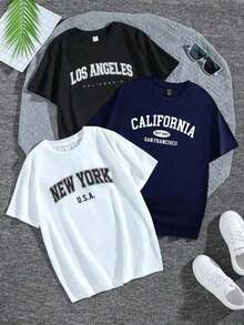 Single Garment, Not A 3-Piece Set. 1 Piece/Set Of Short-Sleeved T-Shirts Suitable For Streetwear. Oversized Round Neck Top For Daily Outings, Camping, Concerts, Hip-Hop, Rock, And Rap Events. Women's American Retro-Style Short-Sleeved T-Shirts With City Name Prints, Soft To The Touch, Comfortable And Versatile. Choose 1 Of 3 Models. Suitable For Holy Week And Easter. Viva Mexico! - 黑色 - 查看 1