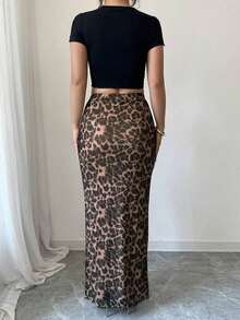 Falda ajustada de malla con estampado de leopardo para mujer, ropa de otoño - Café integral - Ver 2