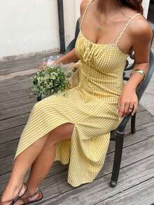 Vestido de tirantes con abertura lateral y estampado floral diminuto para el verano de las mujeres - Amarillo - Ver 7