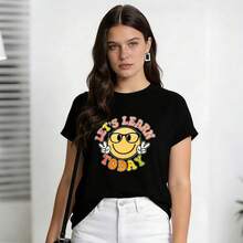 Women's Summer Clothing, Soft Cotton Casual T-Shirt With Round Neck, Printed With The Phrase "Let's Learn Today" And A Smiling Face With Glasses. White. - 黑色 - 查看 3