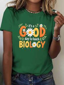 Women's Biology Teacher T-Shirt 2026 - Science-Themed Floral Print Featuring Daisies And DNA/Ribosome/Chloroplast Patterns, Short Sleeves And Crew Neck, Ideal For Science Classes, Lab Wear And Everyday Wear - Comfortable And Breathable, Suitable For All Seasons, Easy To Machine Wash, Loose Fit, Vibrant Biological Design, Printed With The Slogan "Today Is A Great Day To Teach Biology", Making It Ideal For Education Professionals. - 綠色 - 查看 1