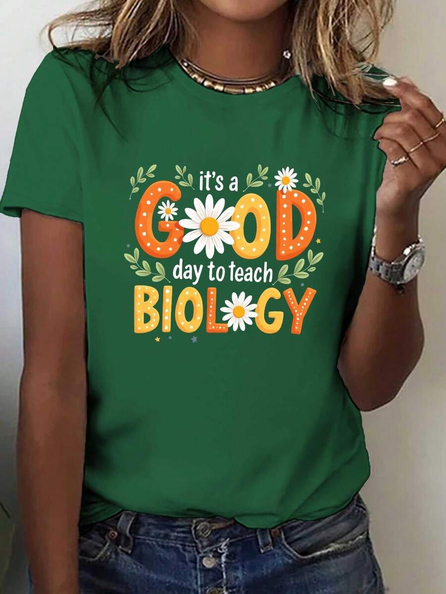 Women's Biology Teacher T-Shirt 2026 - Science-Themed Floral Print Featuring Daisies And DNA/Ribosome/Chloroplast Patterns, Short Sleeves And Crew Neck, Ideal For Science Classes, Lab Wear And Everyday Wear - Comfortable And Breathable, Suitable For All Seasons, Easy To Machine Wash, Loose Fit, Vibrant Biological Design, Printed With The Slogan "Today Is A Great Day To Teach Biology", Making It Ideal For Education Professionals. - 綠色 - 查看 1