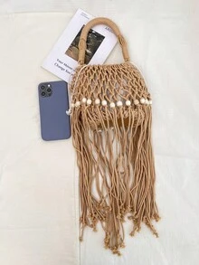 Túi dệt tua rua phong cách Bohemian mới năm 2026, túi xách tay bằng rơm khoét rỗng kiểu dáng nghỉ dưỡng, túi nhỏ đính hạt gỗ đa năng dùng đi biển. - Màu Khaki - Xem 4