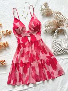Vestido de vacaciones sin mangas con tirantes tipo espagueti, escote en V, estilo en línea A con huecos y espalda descubierta, 25 estilos - Rosa Fucsia - Ver 7