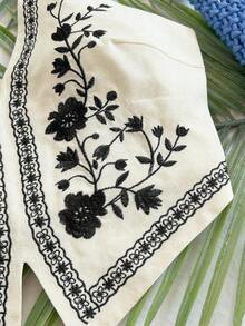 Top corto para mujer estilo bohemio sin mangas con diseño de espalda de tirantes, cuello halter con diseño anudado y bordados florales, adecuado para festivales de música - Negro - Ver 6