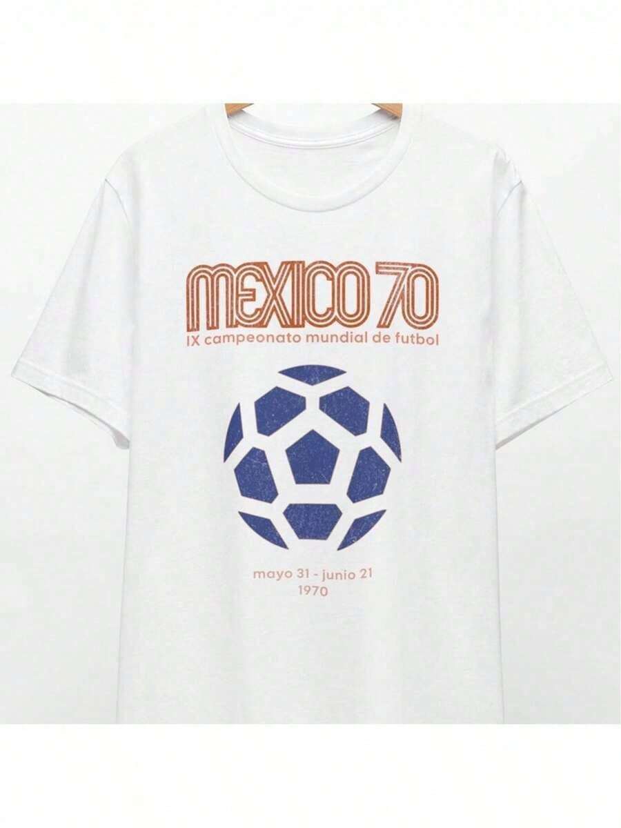 Camiseta de Algodón 100% Puro con Estampado Gráfico y Texto de Fútbol México 70 - Estilo Casual Simple - Camiseta de Manga Corta con Cuello Redondo, Suave y Cómoda, con Estampado de Retrato Audaz, Top de Moda Urbana para Todas las Temporadas, Ropa Casual Urbana |   Camiseta de cuello redondo |   Camisa de algodón 100% algodón--Ligero y transpirable - Blanco - Ver 1