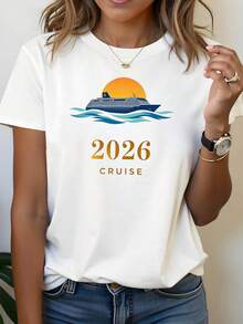 Camiseta con tema de crucero 2026 de las mujeres - Decoración del eslogan del crucero y la puesta del sol de manga corta informal, azul-dorado fresco superior de vacaciones de viaje - Blanco - Ver 2