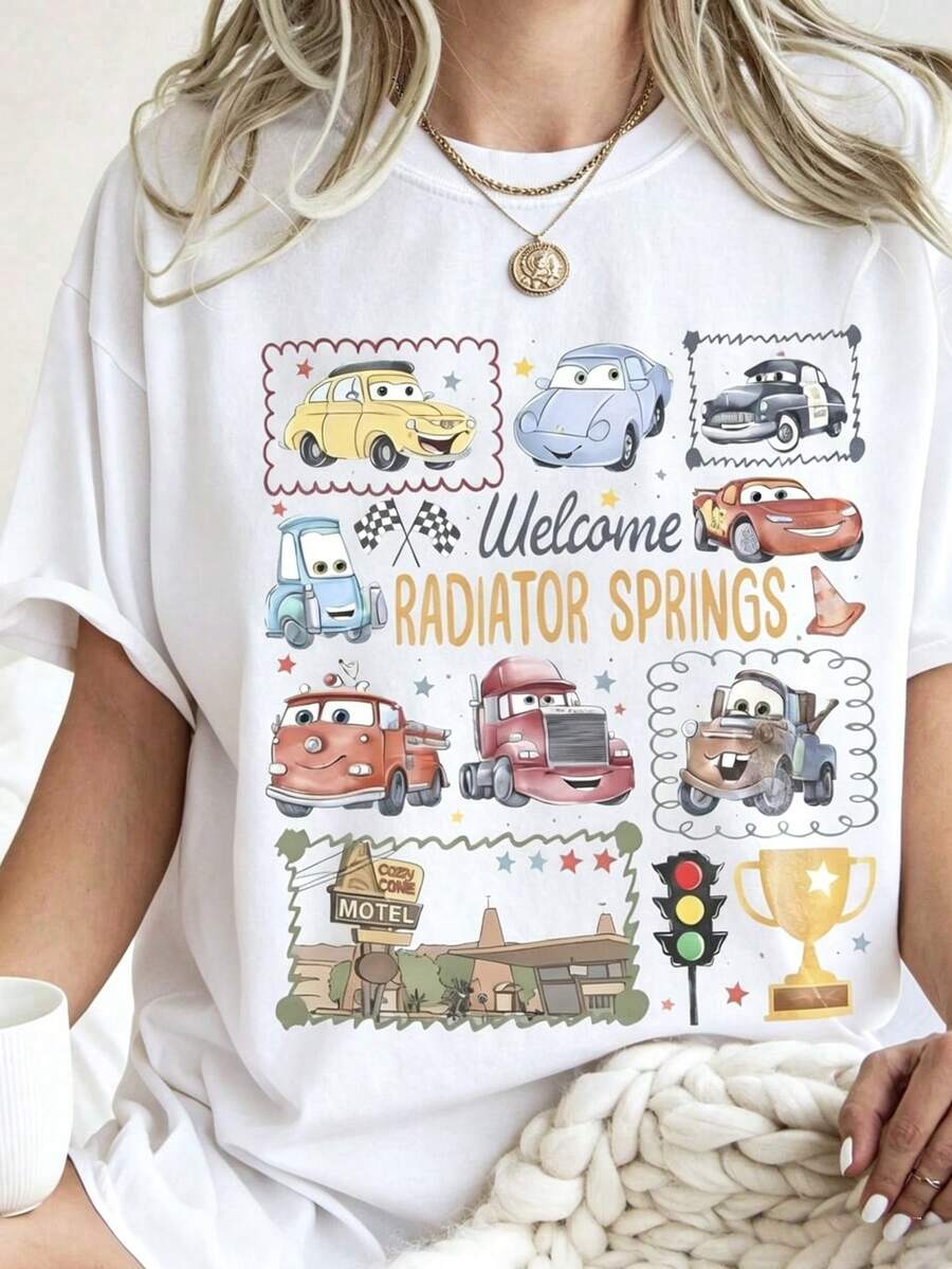 Disney Cartoon Retro Car Collage Printed T-Shirt, Suitable For Daily Wear, Easy To Wear In Summer, Micro-Elastic, Soft Round Neck Casual Daily Shirt, Round Neck Summer Sweatshirt, Both Men And Women, Loose Version, Holiday Gifts.--Disneys Disneyland Paris The Magic Kingdom Disneyesque The House Of Mouse Mickey Mouse Empire Modest Summer Outfits Take That T Shirt Summer Coord Tops For Women Summer Summer Clothes Women Summer Clothes Summer Tops Summer Tops Women Summer Co Ord Summer Top Summer Outfits White Top Black Top Holiday Outfits For Women  Tops For Women Summer Holiday Gifts Valentine's Day Gifts Earth Day Gifts Oktoberfest Gifts Summer Bank Holiday Gifts - White - View 1
