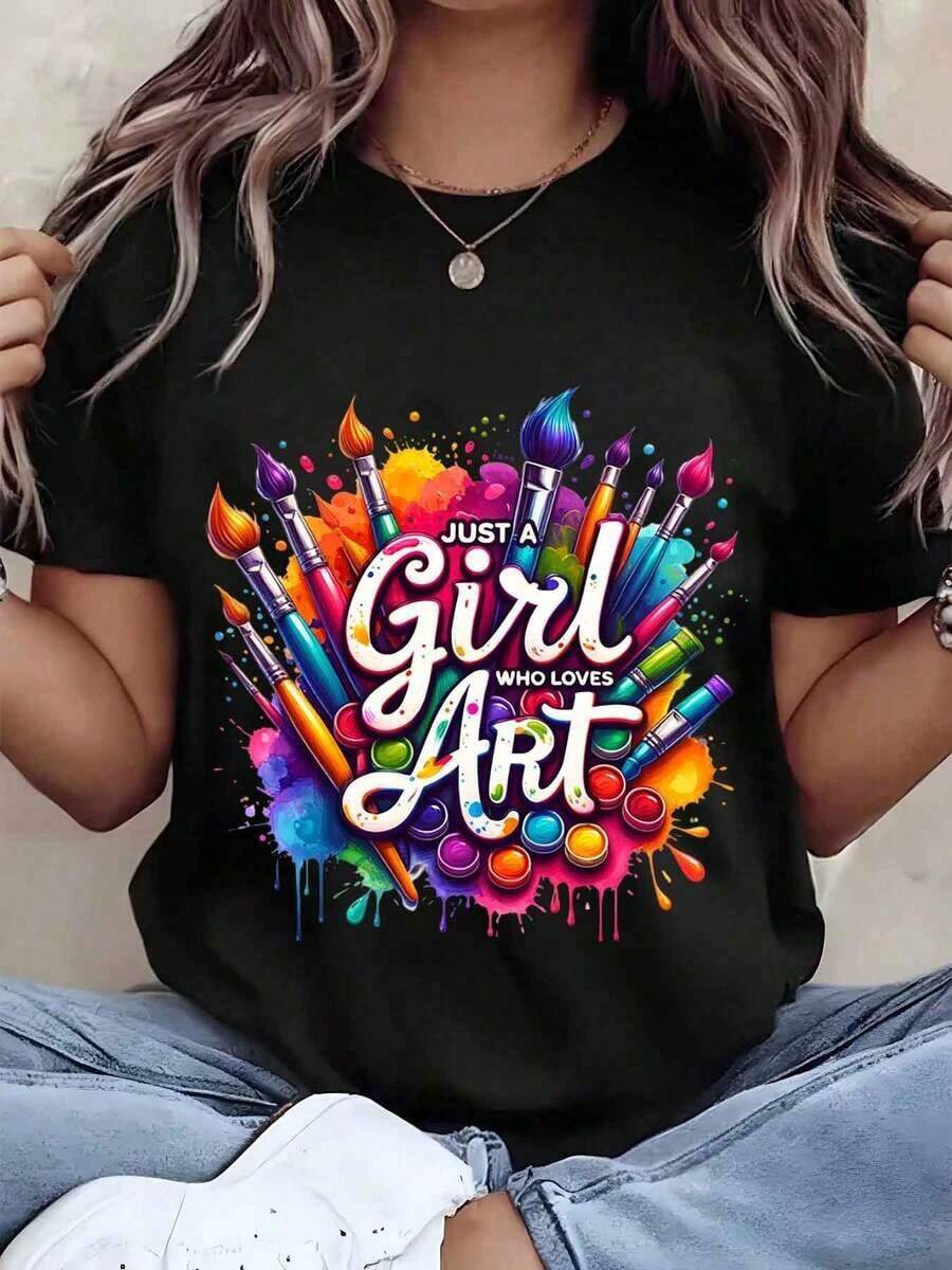 Women's T-Shirt With "Just A Girl Who Loves Art, Brushes And Colors" Print, Round Neck, Casual Summer Style, Gift For Artists - 黑色 - 查看 1