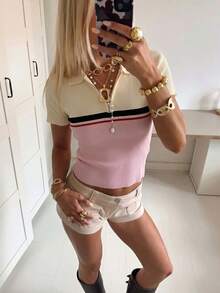 Áo dệt kim tối giản, thanh lịch, gợi cảm phong cách Mori Girl dành cho nữ, màu hồng xuân hè. - Hồng - Xem 2