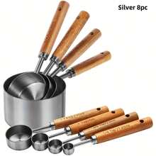 8pcs Stainless Steel Measuring Cup Set With Acacia Wood Handles, 4 Stackable Wooden Measuring Cups And 4 Measuring Cups, Convenient Storage Design, Suitable For Dry And Liquid Baking Ingredients - Multicolor - View 4