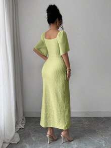 Vestido elegante ajustado con cuello de volantes, mangas de pétalos y hebilla metálica de bloque de color para mujer, primavera/verano - Verde pastel - Ver 2