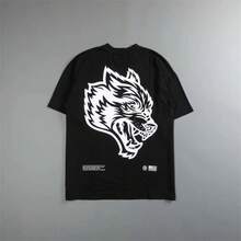 DARC Vintage Wolf Head Print Couple T-Shirt Pure Cotton Short Sleeve - Đen trắng - Xem 4