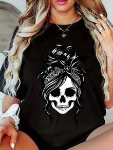 Moderna camiseta negra con diseño de arte gráfico para mujer casual juvenil de manga corta Día a Día primavera verano tallas S a XL amplia colección camiseta popular . UEHW - Negro - Ver 1