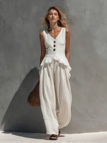 New Linen Set For Spring-Summer, Casual And Office Style, Button-Front Vest With V-Neck, Flattering Design, Perfect For Daytime Looks And Seasonal Transitions - White - View 4