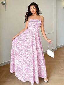 Vestido casual largo con estampado floral de porcelana azul y blanco, con tirantes finos y espalda descubierta que cintura la cintura, elegante para primavera/verano y vacaciones - Púrpura malva - Ver 4