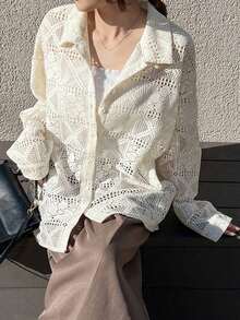Blusa holgada de encaje para mujer de primavera - Beis - Ver 3