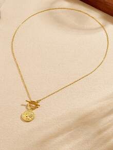 1pc Gold Plated Retro Circular Relief Portrait Pendant Stainless Steel OT Buckle Chain Jewelry Necklace - Gold - View 4