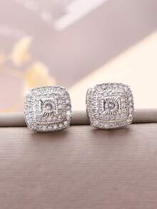 2pcs Fashionable Luxury Fully Rhinestone Square Stud Earrings, Exquisite Sparkling Unisex Hip-Hop Versatile Earrings - Square - View 3