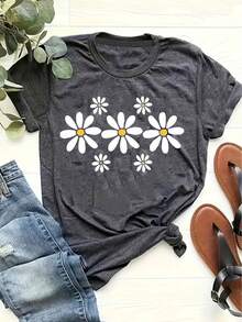 Camiseta de talla grande para mujer con estampado de margaritas, bonito patrón de pequeñas margaritas blancas, camiseta casual de manga corta con cuello redondo, top diario cómodo y transpirable, camiseta casual con estampado floral a la moda. - Negro - Ver 9