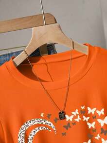 Blusa casual de mujer con estampado de leopardo, cintura fruncida, adecuada para exteriores, citas, vuelta al colegio, versátil, color vino tinto con diseño de corazón - Naranja - Ver 6