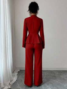 Elenzya Traje elegante que afina la cintura, pantalones acampanados y estilizadores para uso diario, adecuado para vacaciones, citas, Día de la Independencia, atuendo de maestra - Rojo - Ver 2