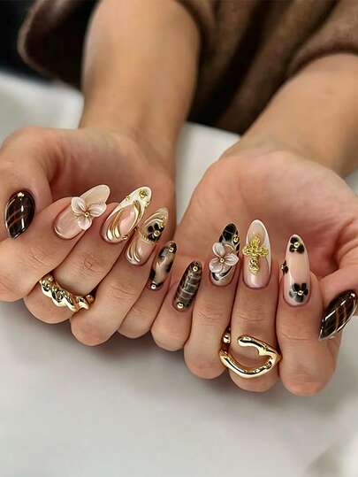 30 Pieces/Set, Light Retro Leopard Pattern, Sweet Cool Style, Maillard Style, Leopard Pattern, Croxin, Color Contrast, Diamond Inlaid, Pearl, Powder Blusher, French Style, Rhinestone, Gradient Y2k, Sweet Nail Patches, Full Coverage Nail Set, Suitable For Women/Girls' Daily Life, Gatherings And Beauty, Nail Art, Festivals, Graduation, Mother's Day