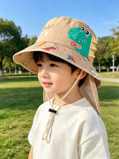 YIYIQCSJ 1pc Kids' Colorful Dinosaur Print Hat With Detachable Scarf, Cute Casual Bucket Hat, Suitable For Daily Outdoor, Back To School, Children's Day Gift
