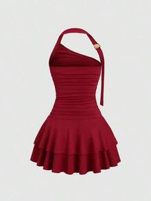 Nuevo estilo de vestido mini para mujer con falda acampanada, decoración de metal en espiral en el cuello halter y la cintura - Burdeos - Ver 2