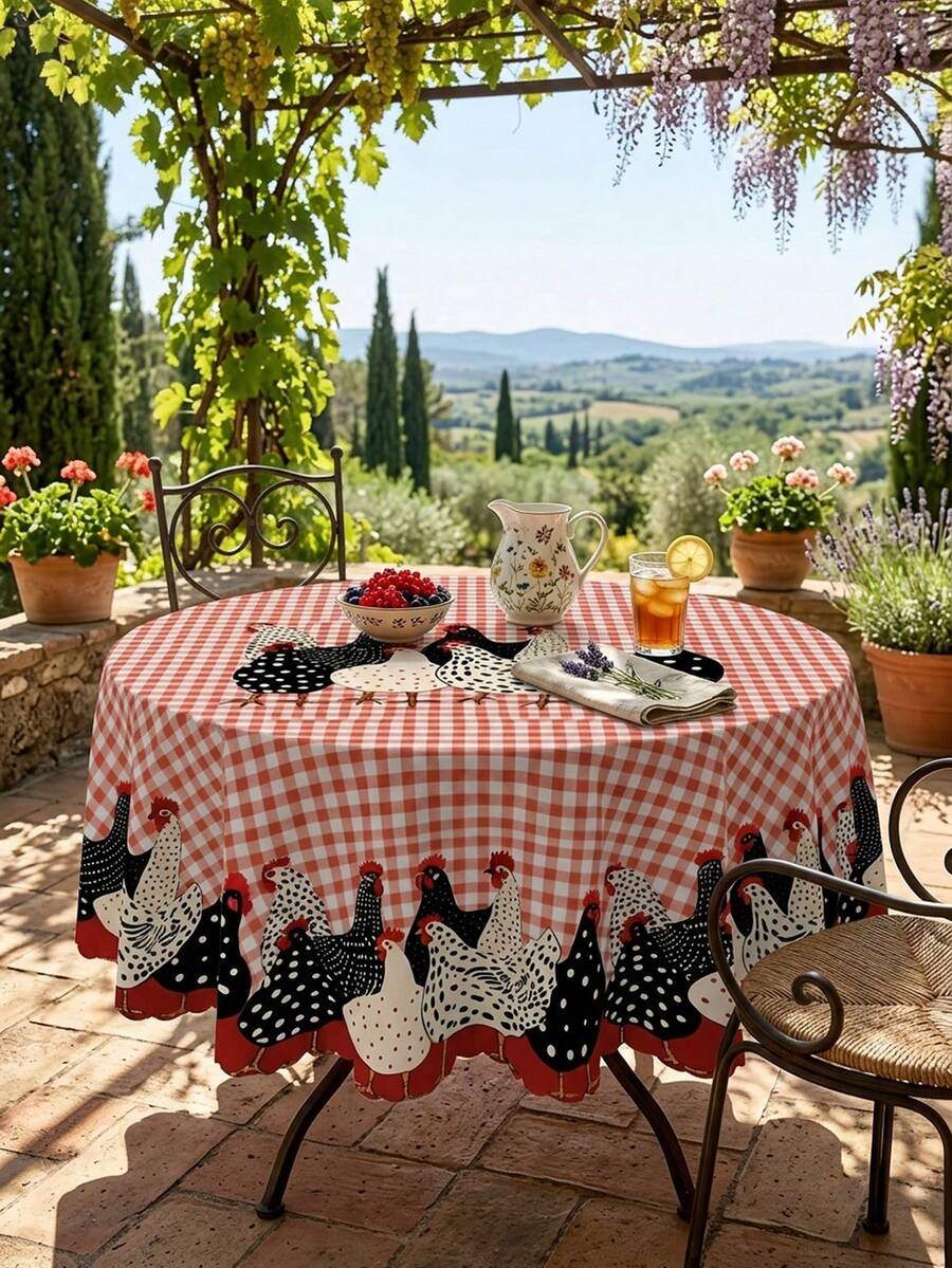 1 pieza Mantel de mesa con estampado de pollo a cuadros rojos, estilo rústico de granja y país, de poliéster ovalado con patrón de gallo y gallina blanco y negro, mantel a cuadros para picnic, mantel decorativo para comedor - Multicolor - Ver 1