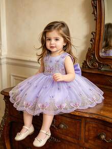Vestido Roxo de Borboleta para Meninas, Vestido de Dama de Honra Princesa com Flores, Adequado para Festas, Casamentos, Aniversários, Ocasiões Formais, Todas as Estações - Roxo - Visão 1