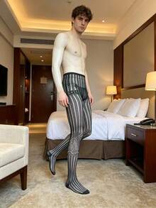 Men's Sexy Fishnet Tights, Hollow See-Through Elastic Knit Socks - Black - View 4
