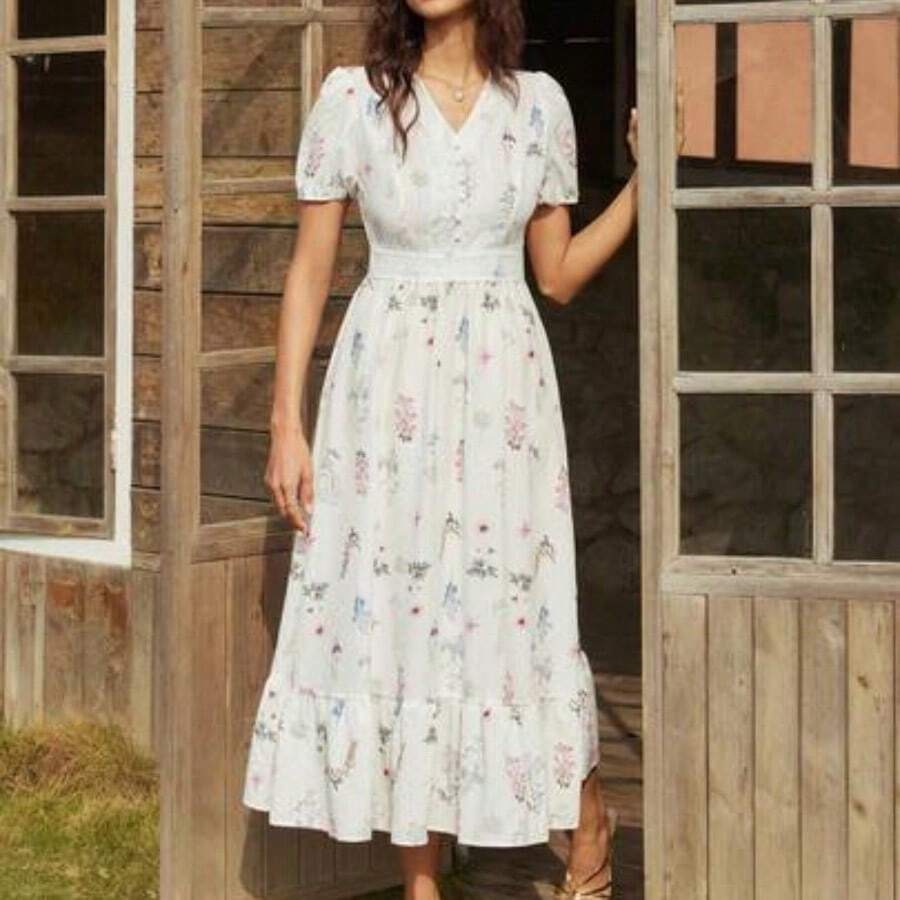 Women's Summer French Elegant Casual Design Lace Patchwork V-Neck Short Sleeve Waist Cinched Long Textured Print Casual Dress Women's Floral Midi Dress Elegant Floral Dress - Blanco - Ver 1