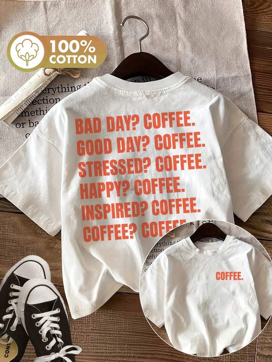 [Estampado de Doble Cara] Top Casual de Mujer para Primavera y Verano, Estilo Llamativo, Estampado BAD DAY GOOD DAY, Camiseta de Manga Corta Pura con Cuello Redondo [Ling K] - [Blanco] - Ver 1