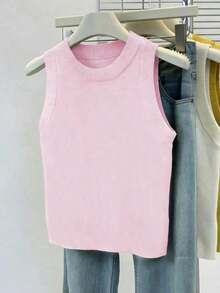 Top de punto de cuello redondo en color sólido para mujer de , minimalista y versátil, para verano. - Rosa - Ver 3