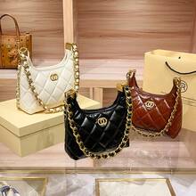 Women's Genuine Cowhide Leather Hobo Handbag Diamond Quilted Pattern Gold Metal Logo Leather Woven Chain Strap Multi-Pockets 3 Ways Carry Luxury Classic Casual Daily Commute Shoulder Crossbody Bag 3 Colors Gift - trắng - Xem 1