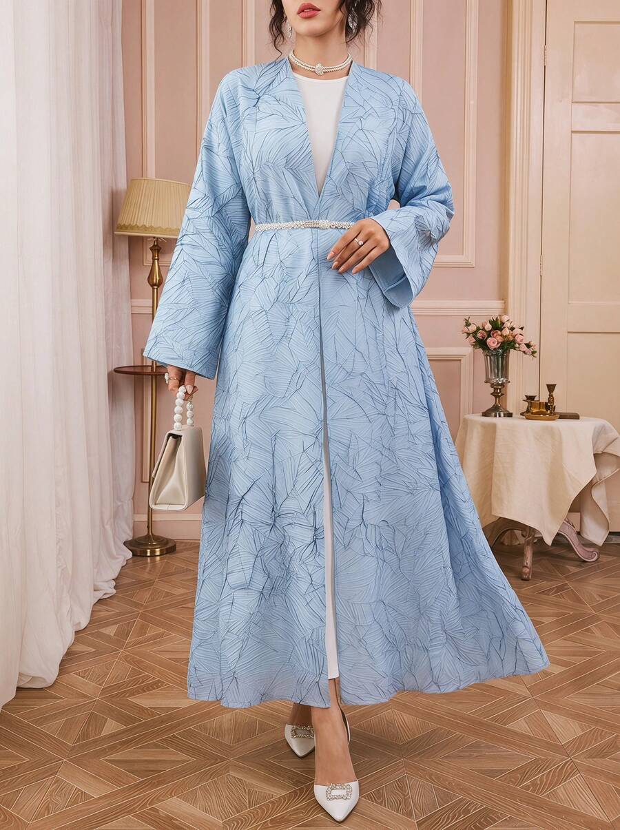 Solessence Áo choàng Abaya tay dài họa tiết Jacquard thanh lịch - Áo khoác mùa hè xuân dành cho nữ - Màu xanh lam - Xem 1