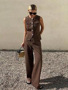 Conjunto de top ajustado de cuello redondo sin mangas y jeans de corte holgado para mujer - Marrón - Ver 5