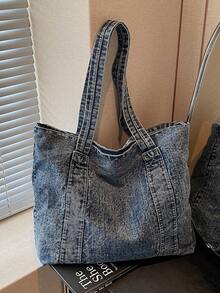 1pc Minimalist Large Capacity Denim Shoulder Tote Bag, Suitable For Outing, Travel, Shopping, Vacation - Blue - View 1