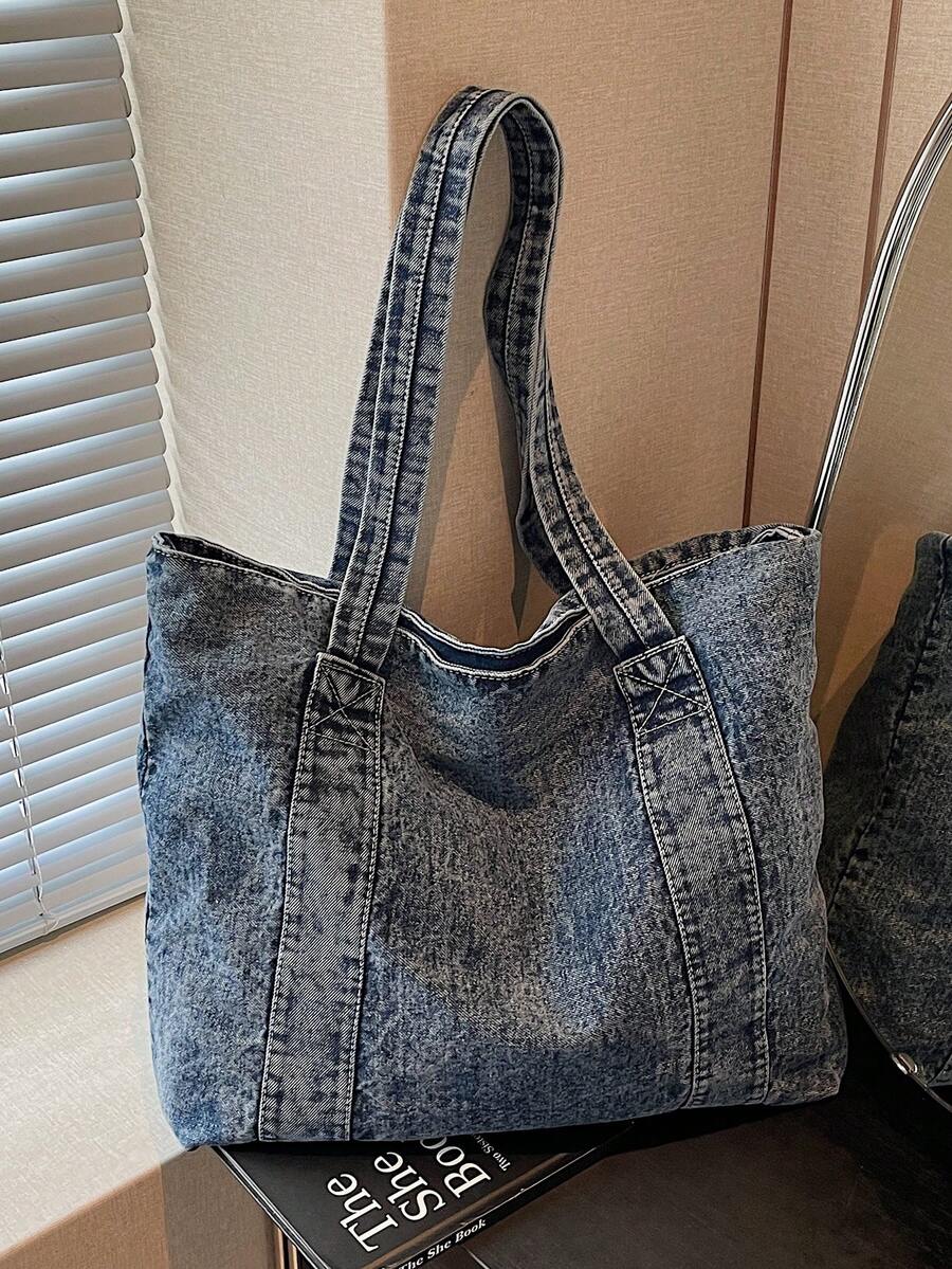 1pc Minimalist Large Capacity Denim Shoulder Tote Bag, Suitable For Outing, Travel, Shopping, Vacation - Blue - View 1
