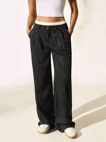 Pantalones anchos de mujer con pliegues y rayas, con cintura de bloques de color para otoño/invierno - Blanco y Negro - Ver 6